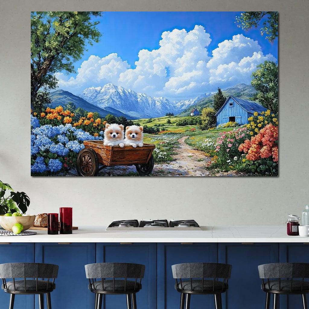 tablou canvas cu doi catei pufosi intr-o roaba de lemn, in mijlocul unei gradini florale montane sub cer senin cu nori pufosi si peisaj rustic