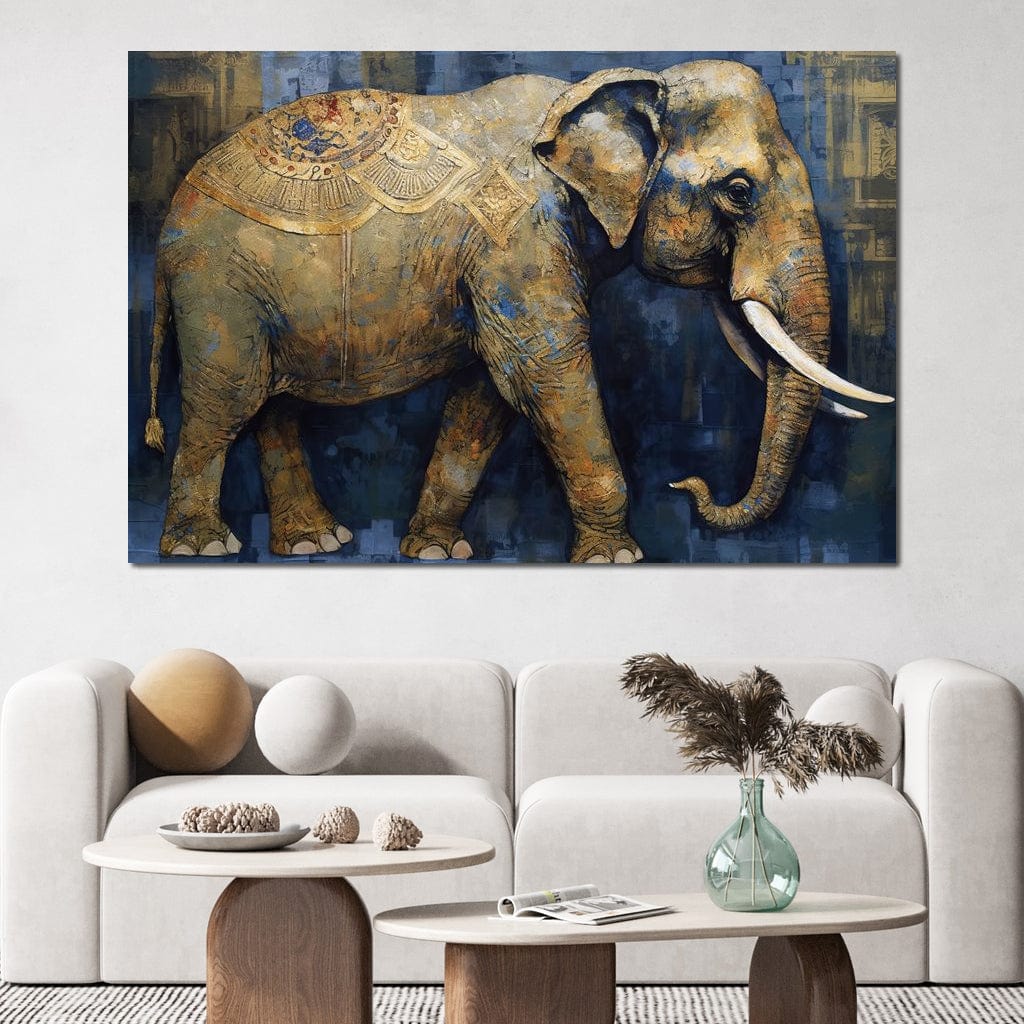 tablou canvas cu un elefant decorat in stil oriental, redat din profil intr-o paleta de tonuri pamantii si albastre, pe fundal texturat