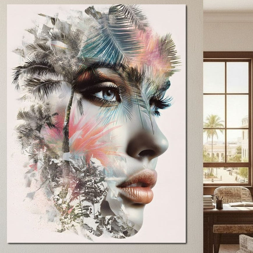 Tablou Canvas Premium, LuxCanva® G1236, Suflet Tropical,  Vis, Palmier, Natura, Paradis, Femeie, Soapta, Vant, Lumina, Verde, Jungla, Culori, Pastel, Frumusete, Poezie, Oniric, Salon, Living, Dormitor