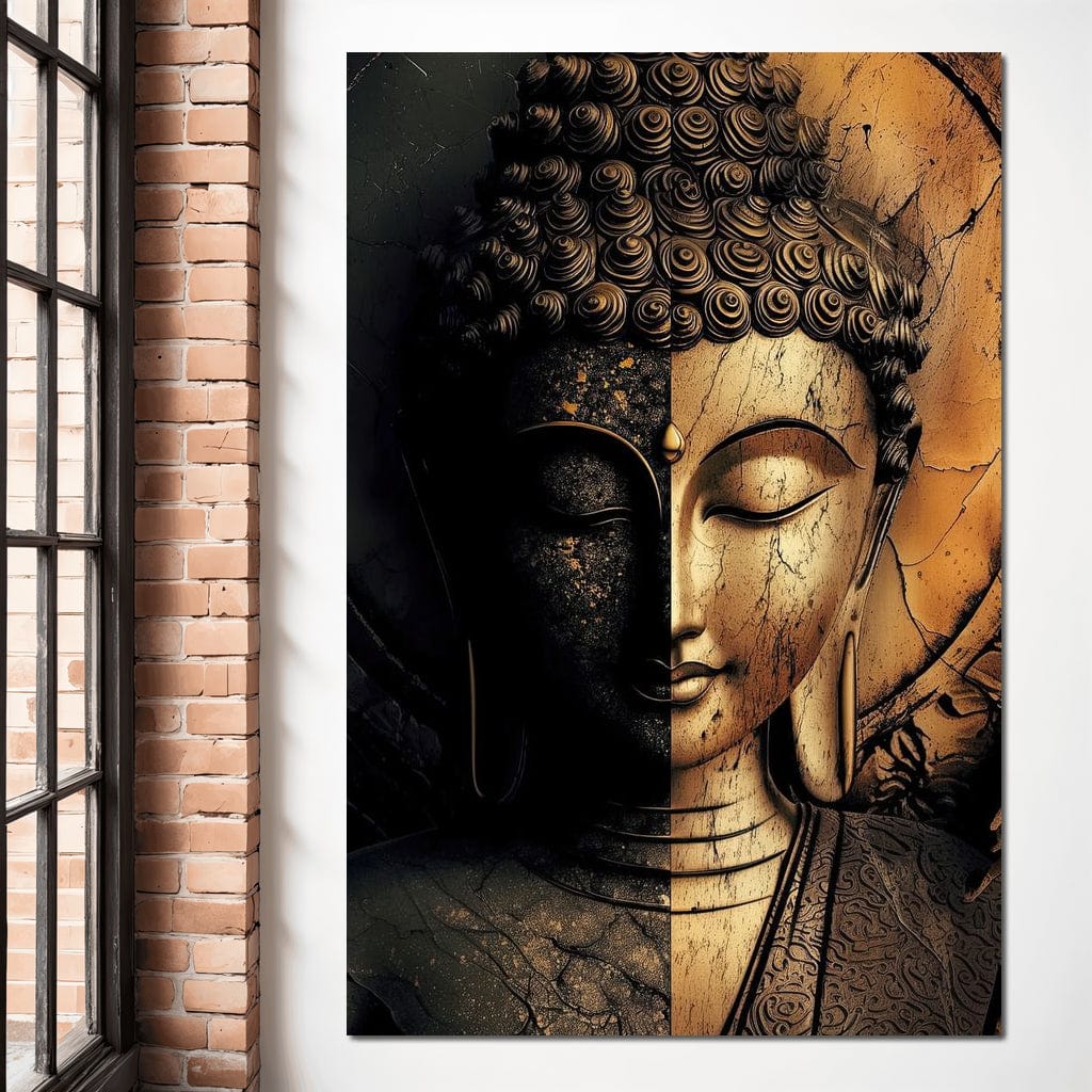 Tablou Canvas Premium, LuxCanva® I143, Lumini si Umbre, Buddha, Zen, Dualitate, Iluminare, Echilibru, Timp, Energie, Meditatie, Liniste, Gold, Marmura, Living, Dormitor
