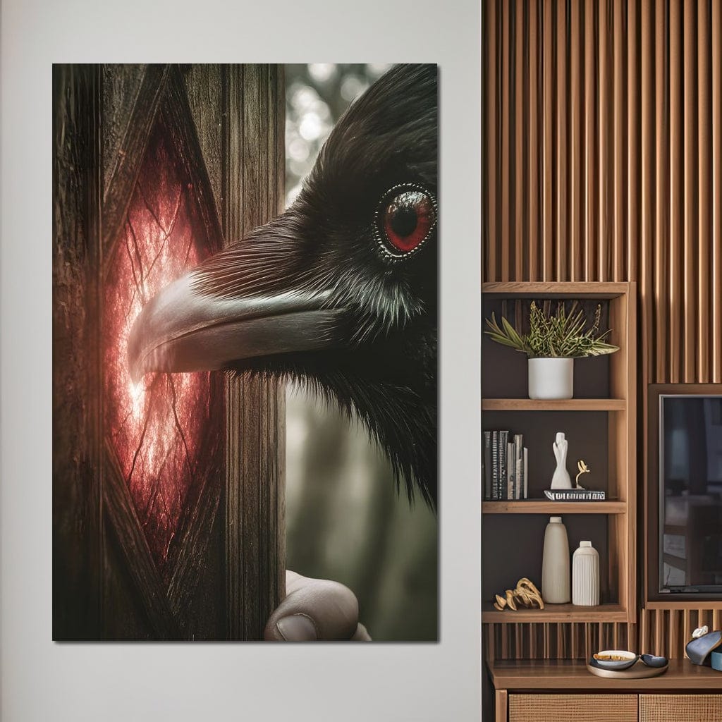 tablou canvas cu un corb negru cu ochii rosii privind intr-o fereastra luminoasa in lemn, surprins intr-un cadru misterios si magic
