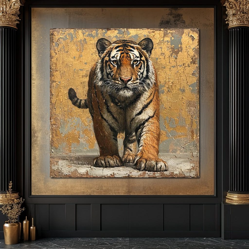 tablou canvas cu portretul unui tigru in mers, pictat realist pe fundal texturat cu aspect de perete vechi, in stil vintage