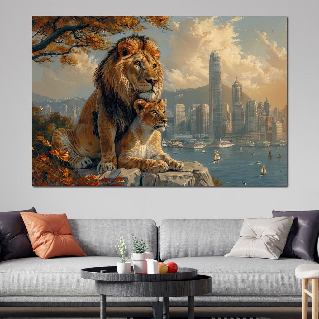 tablou canvas cu un leu si o leoaica privind in zare sub un copac, pe fundal urban cu apa si cladirile unui oras