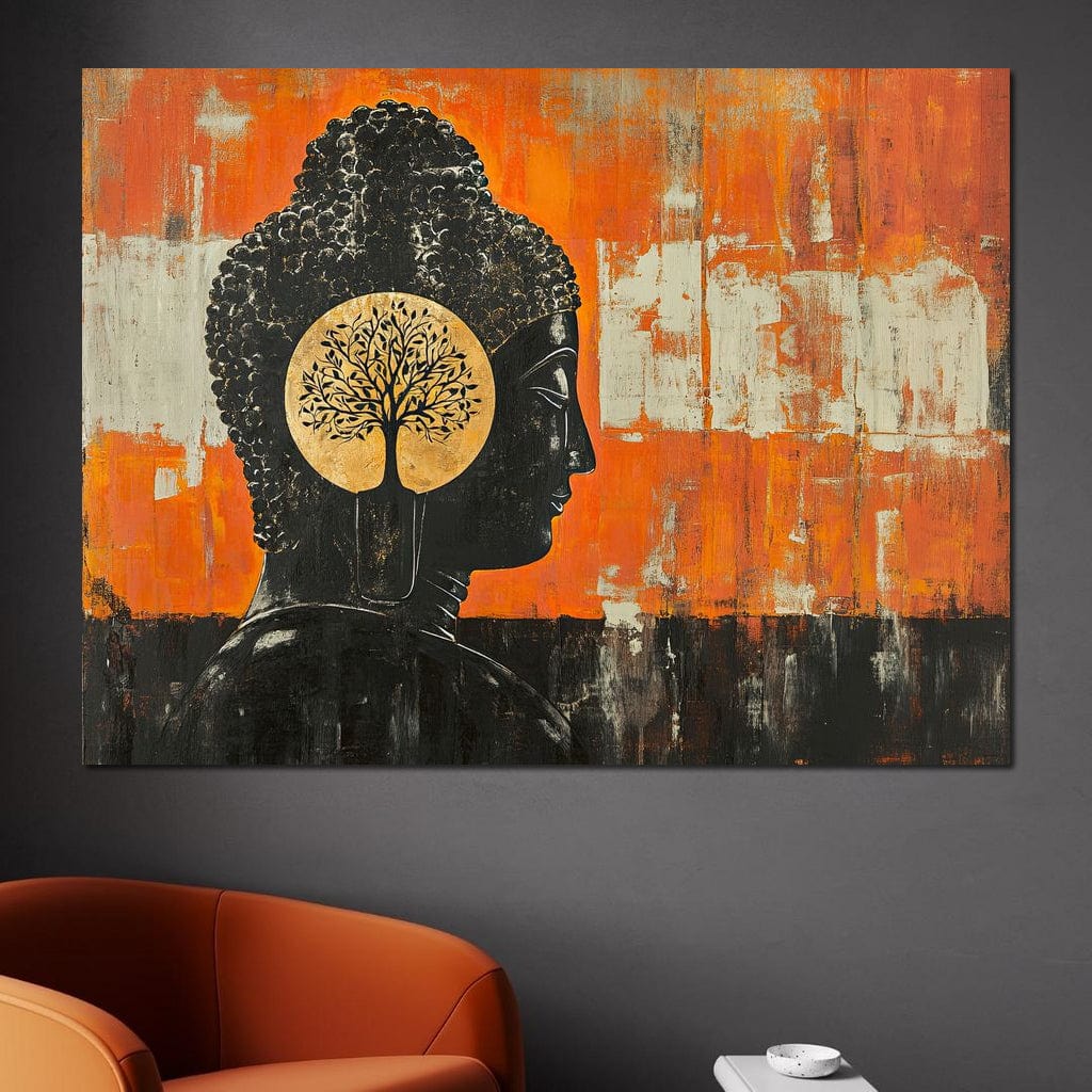 Tablou Canvas Premium, LuxCanva® I147, Pacea Mintii, Buddha, Zen, Liniste, Intelepciune, Copac, Ramuri, Profil, Arta Sacra, Meditatie, Armonie, Portocaliu, Living, Dormitor