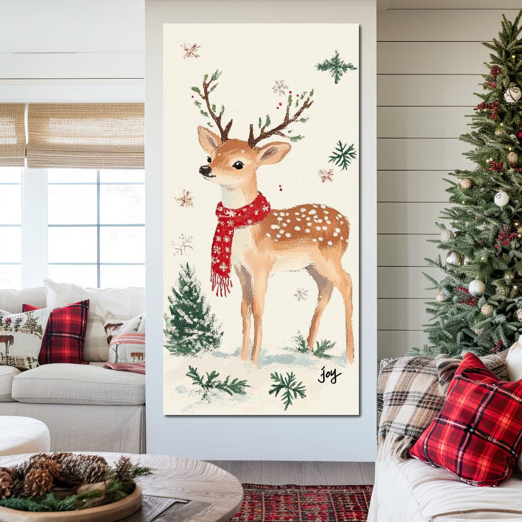 Tablou Canvas Premium LuxCanva® D1049, Povestea Renului cu Fular Rosu ,  Ren, Brad, Fular, Rosu, Zapada, Living Room, Culori vibrante