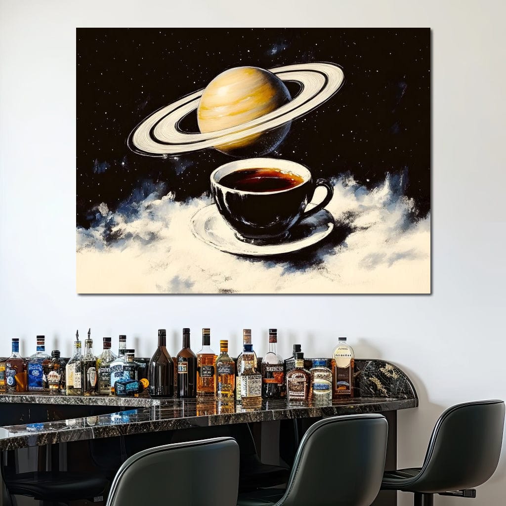 tablou canvas cu o ceasca de cafea neagra, pe fundal intunecat cu stele si planeta Saturn