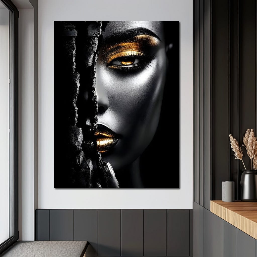 Tablou Canvas Premium, LuxCanva® G1172, Femeia din Abis, Aur, Umbra, Intunecat, Zeitate, Regina, Obscur, Alchimie, Suflet, Ochi, Masca, Tacere, Divinitate, Fashion, Arta, Birou, Living, Dormitor