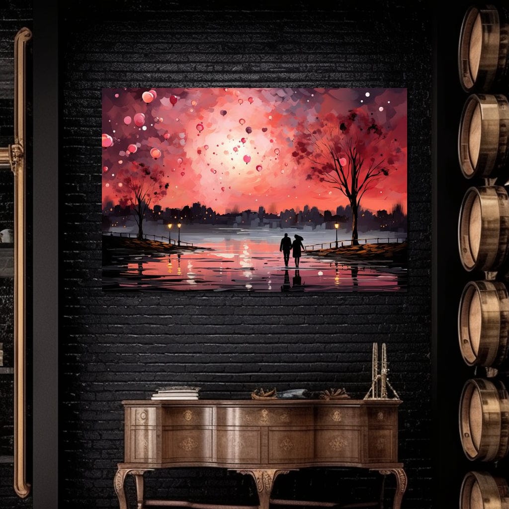 Tablou Canvas Premium LuxCanva® E1021, Plimbare Sub Cerul Inflacarat, Apus, Doi, Cuplu, Apa, Urban, Living Room, Culori vibrante