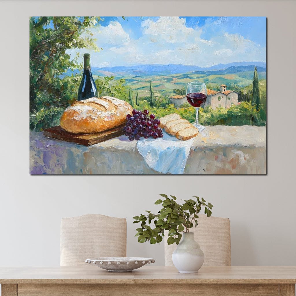 tablou canvas cu un peisaj rustic, cu paine, struguri, o sticla de vin rosu si un pahar pe o masa traditionala