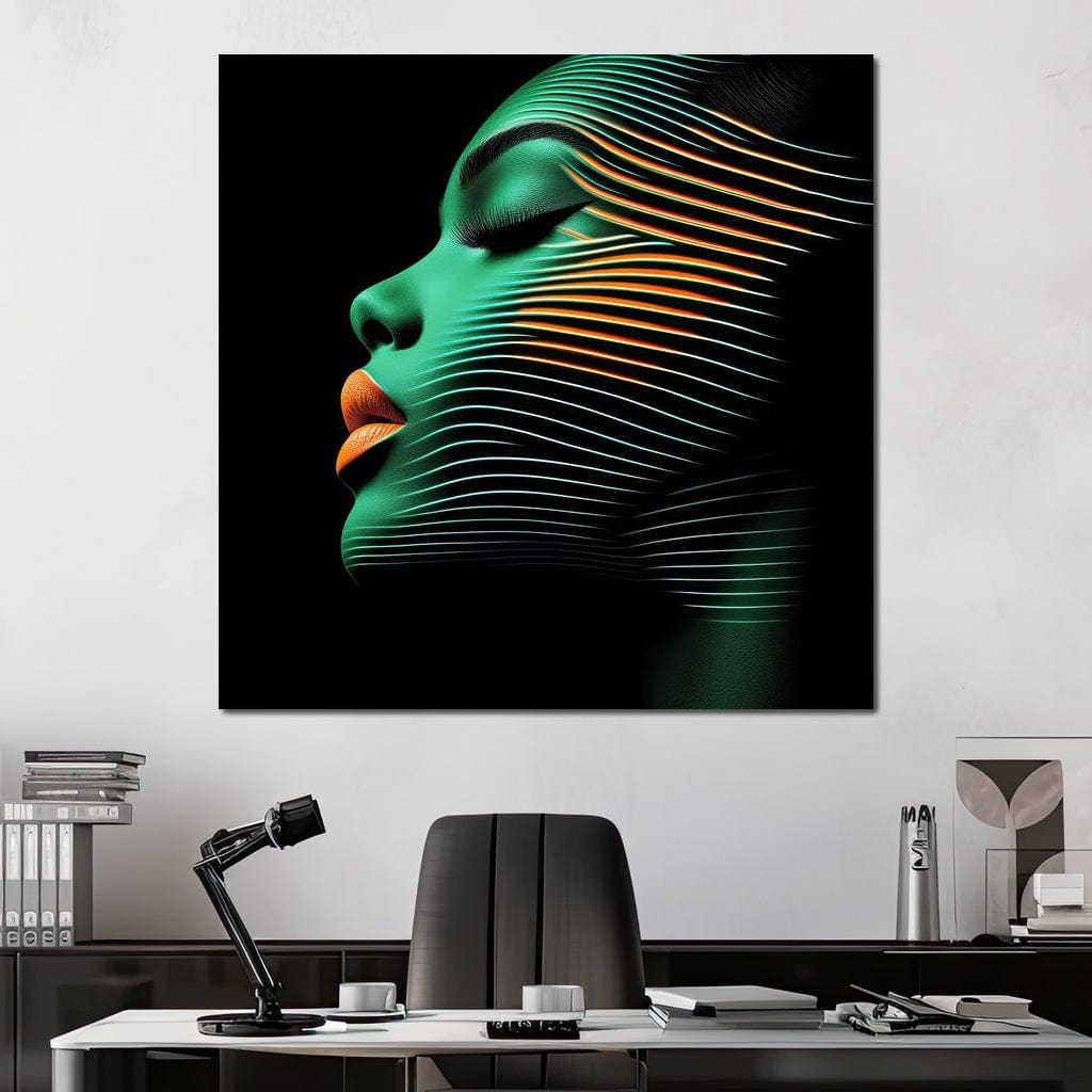 Tablou Canvas Premium, LuxCanva® G1159, Metamorfoza Verdelui, Modern, Expresiv, Portret, Verde, Negru, Futurist, Culori, Efecte, Vibrante, Optic, Raze, Profil, Femeie, Birou, Living, Dormitor