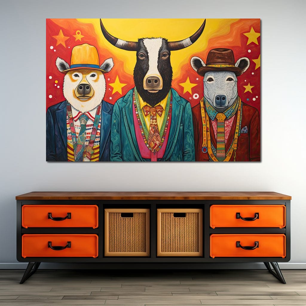 Tablou Canvas Premium, LuxCanva® K1009, Banditii in Costume, Blana, Vedete, Coarne, Costum, Gasca, Urs, Vaca, Bou, Stilizati, Personaje, Pop-Art, Ludic, Prietenie, Camera Copii