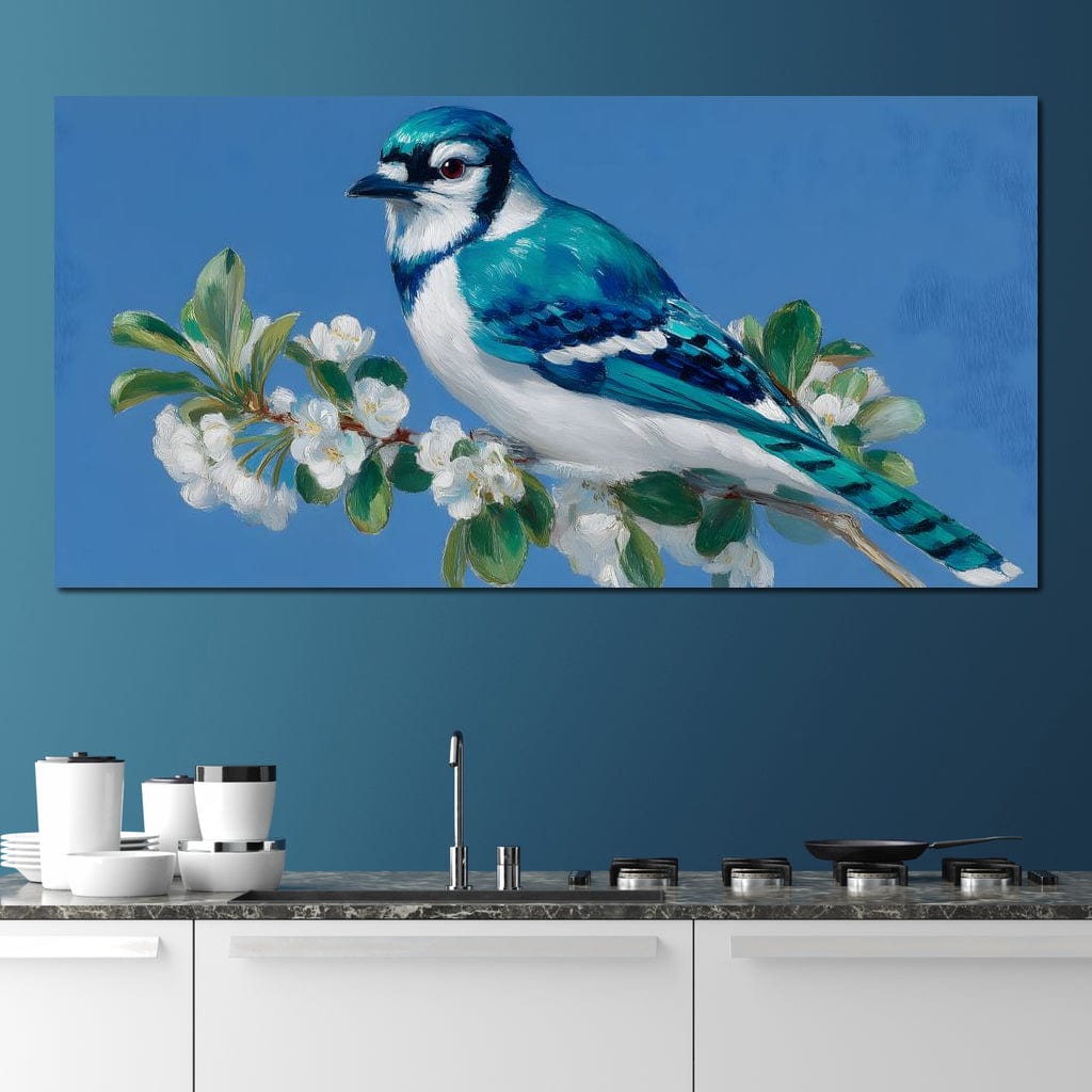 tablou canvas cu o pasare albastra pe o ramura cu flori albe, pe fundal bleu in stil pictura