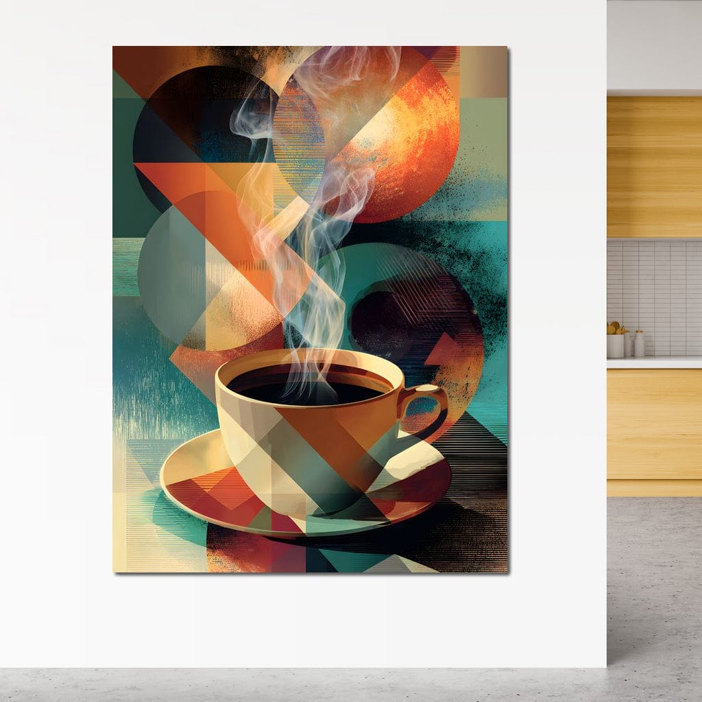 tablou canvas cu o ceasca de cafea espresso fierbinte, cu aburi, pe fundal abstract in cercuri si linii desenate in nuante calde si reci
