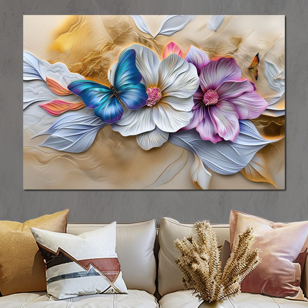 tablou canvas cu un fluture albastru printre flori mari pastelate in nuante de alb si mov, pe fundal bej abstract si sidefat