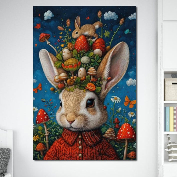 Tablou Canvas Premium, LuxCanva® K1006, Iepurasul Si Gradina Magica, Padurar, Palarie, Fermecata, Print, Padure, Ciupercute, Norisori, Capsuni, Basm, Decor, Camera Copii