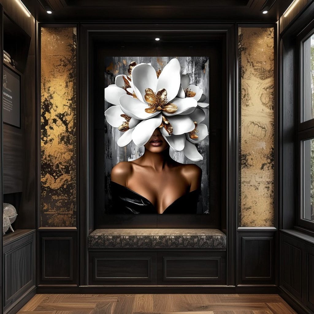 Tablou Canvas Premium LuxCanva® G1025, Misterul Magnoliei , Feminitate, Magnolie, Aur, Alb, Fashion, Glamour, Contrast, Living, Dormitor