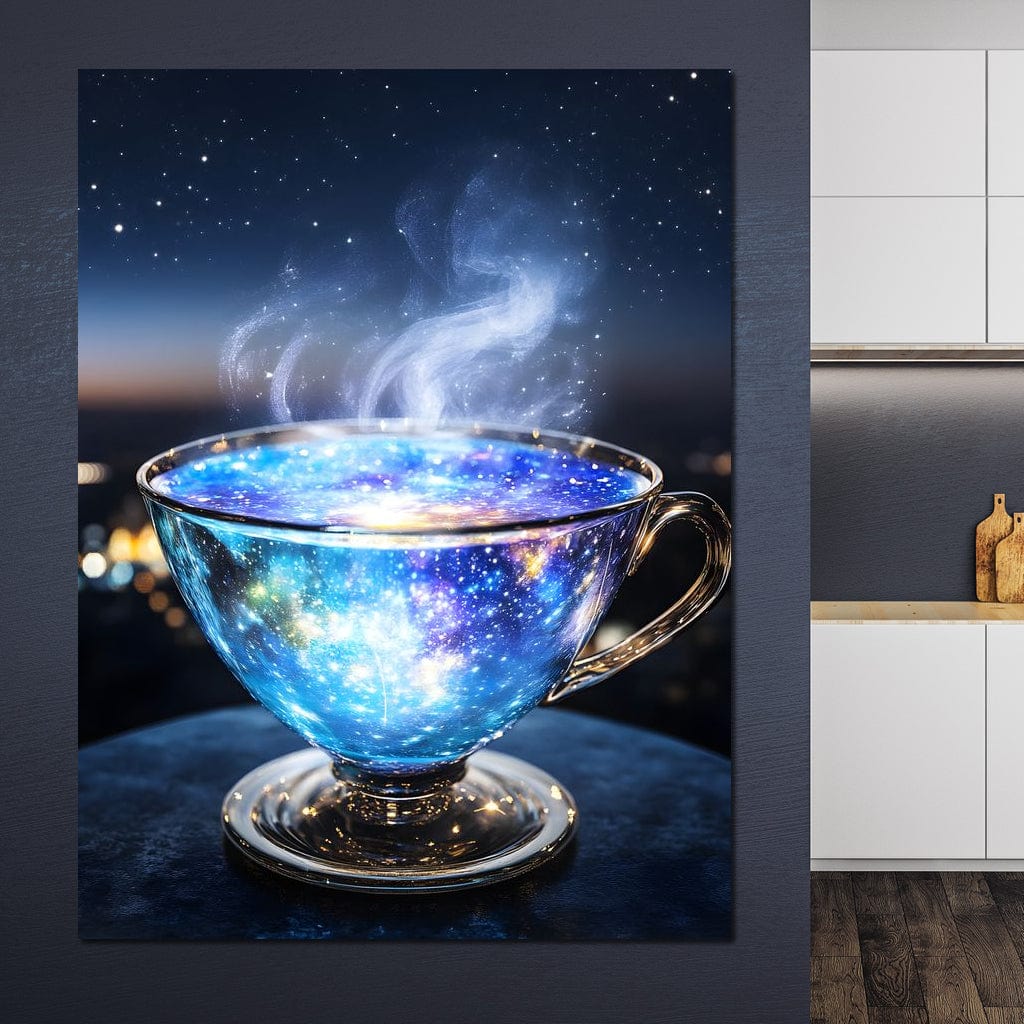 tablou canvas cu o ceasca de ceai fierbinte, cu aburi, pe fundal nocturn si instelat