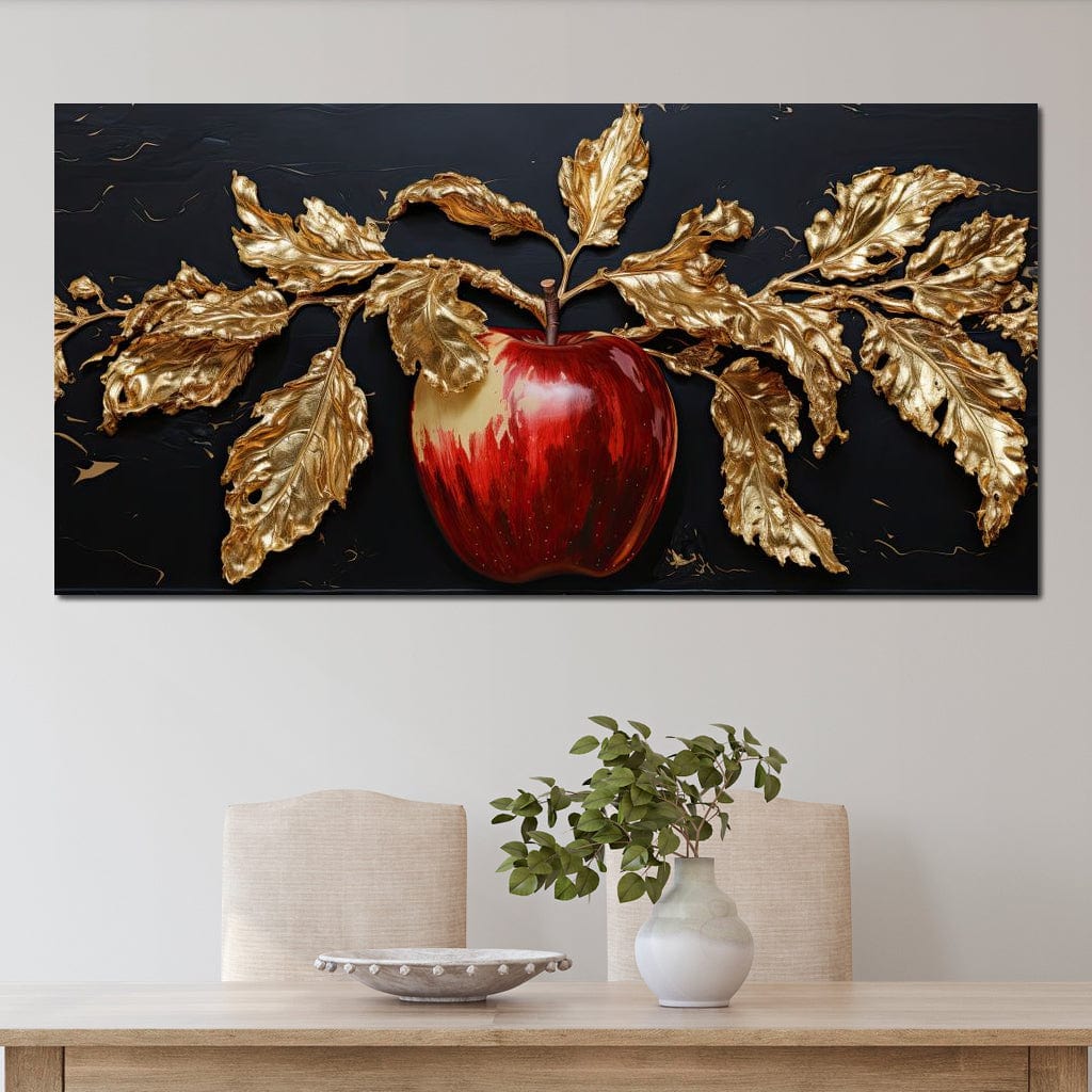 tablou canvas cu un mar rosu cu frunze aurii pe fundal negru cu accente aurii