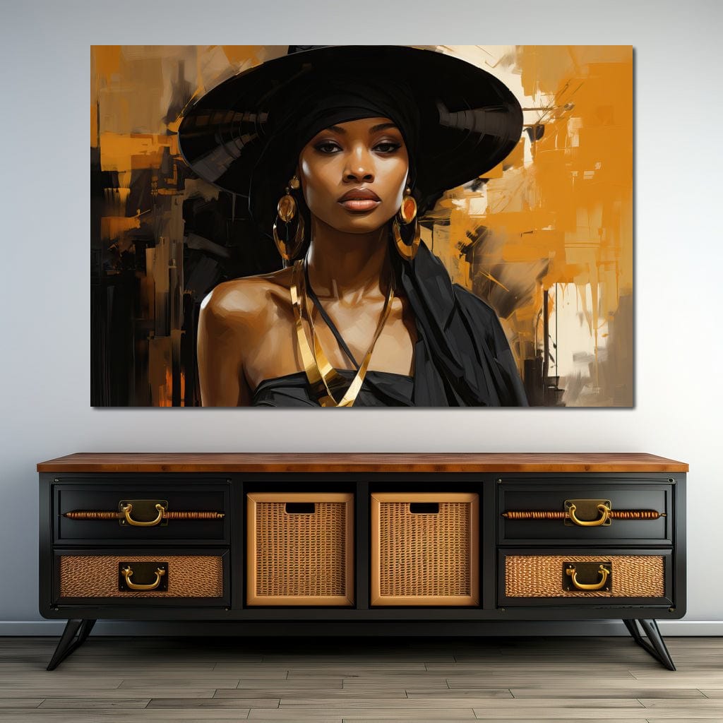 Tablou Canvas Premium LuxCanva® G1019, Femeia In Negru ,  Enigma, Palarie, Glamour, Dramatism, Boem, Rafinament, Cercei, Living, Dormitor, Culori vibrante