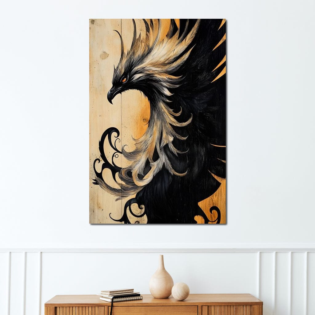 tablou canvas cu o pasare Phoenix in nuante de negru si auriu, pe fundal tip lemn
