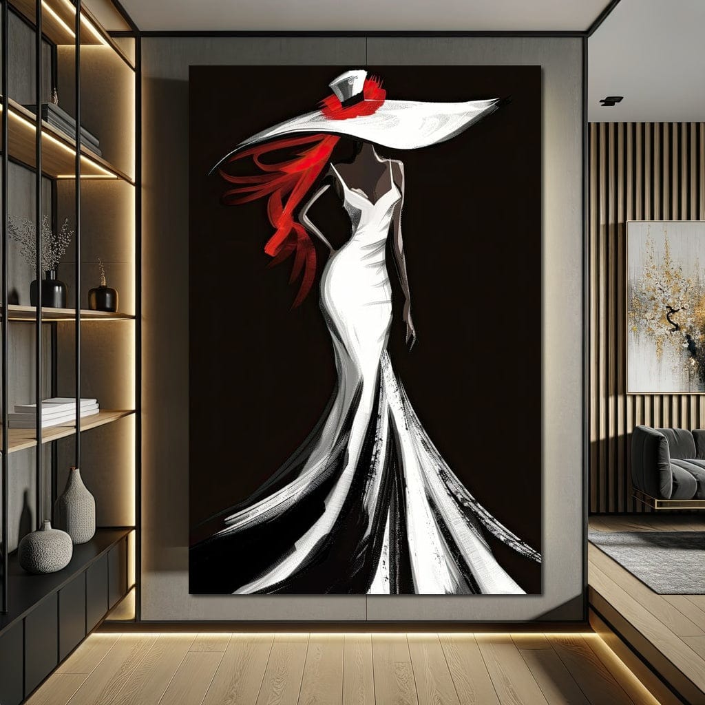 Tablou Canvas Premium LuxCanva® G1031, O Diva in Rochie Alba , Silueta, Palarie, Rochie, Sirena, Podium, Moda, Stil, Living, Dormitor, Culori vibrante