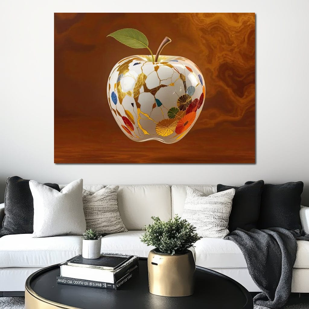 tablou canvas cu un mar de portelan alb cu ornamente florale in nuante calde, pe fundal abstract in nuante de bronz