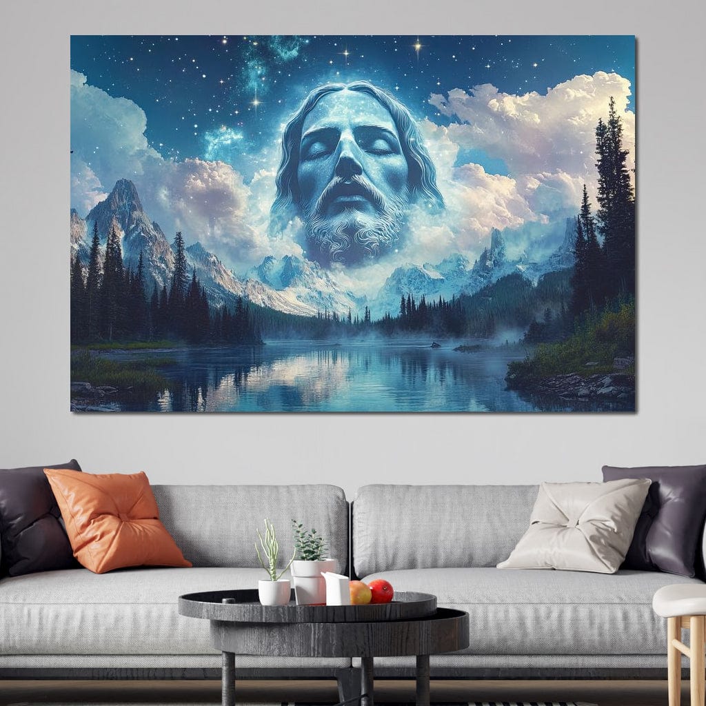 Tablou Canvas Premium LuxCanva® H1048, Intre Cer si Pamant, Iisus, Nori, Munti, Apa, Sacrificiu, Mantuire, Credinta, Har, Spiritualitate, Arta Religioasa, Living, Dormitor