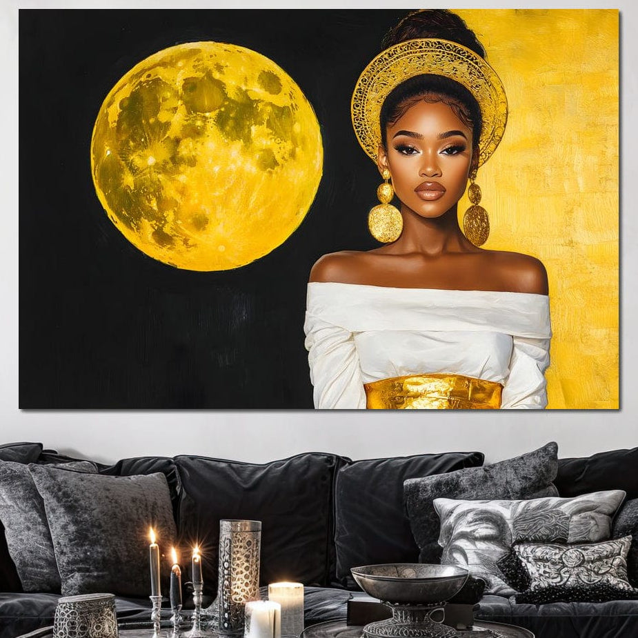 Tablou Canvas Premium, LuxCanva® G1230, Lumina din Tine, Luna, Aur, Aurora, Nocturn, Cr, Pamant, Cosic, Alb, Negru, Forta, Divinitate, Bijuterii, Cercei, Rochie, Umeri, Senzual, Salon, Living, Dormitor