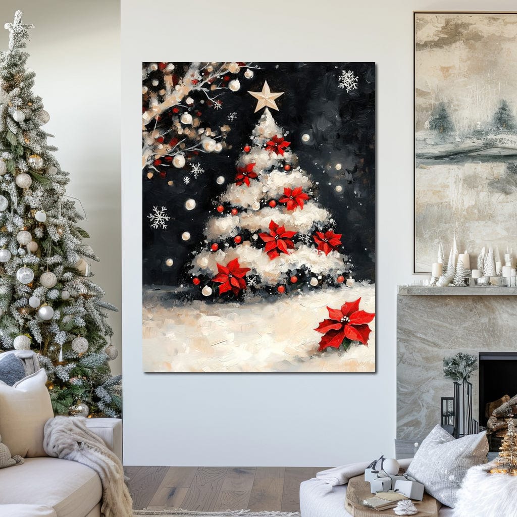 Tablou Canvas Premium LuxCanva® D1056, Bradul din Noaptea Magica , Craciun, Luminite, Brad, Instalatie, Alb, Poinsettia, Living, Culori vibrante