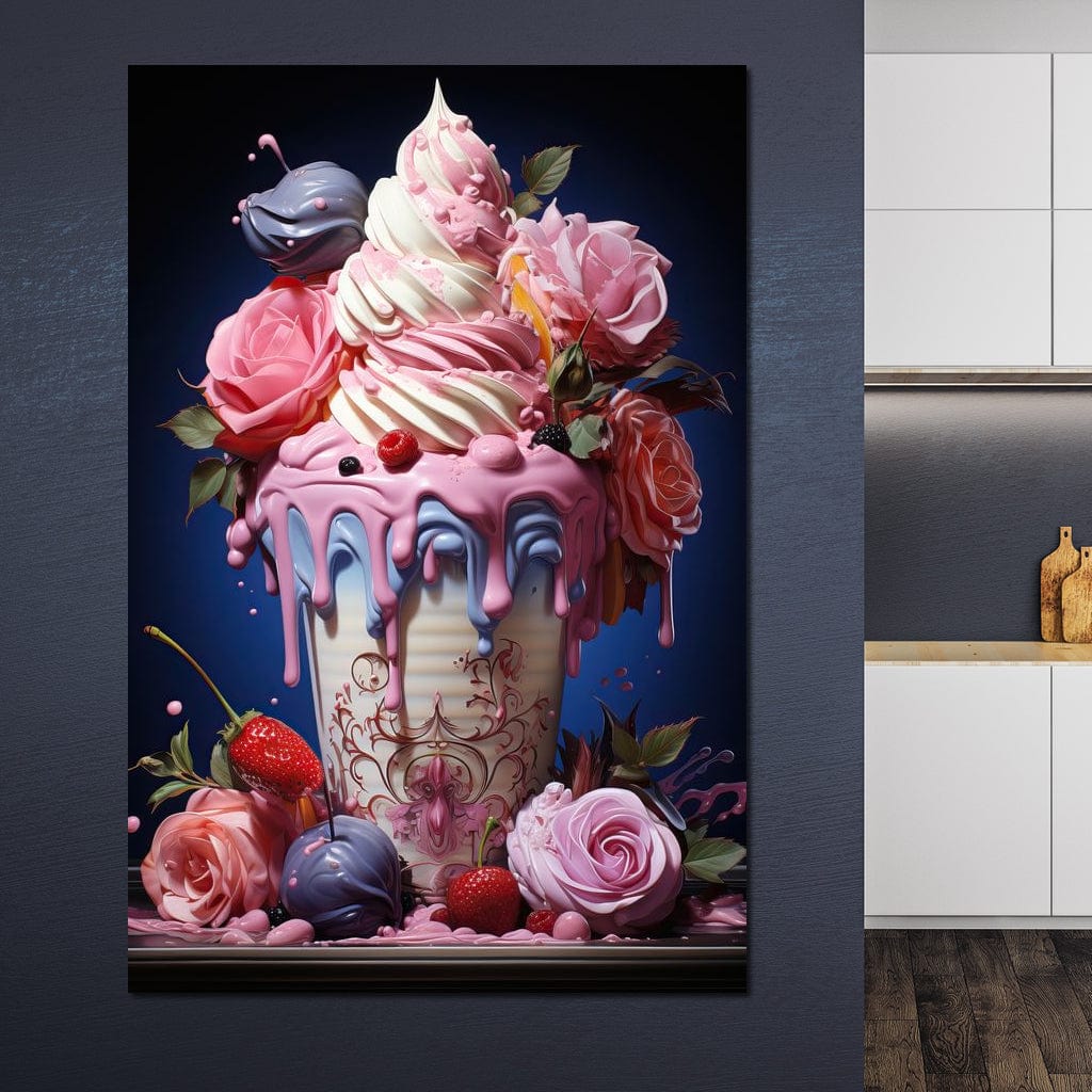 tablou canvas cu un pahar cu inghetata glazurata, bezele cu fructe si trandafiri roz