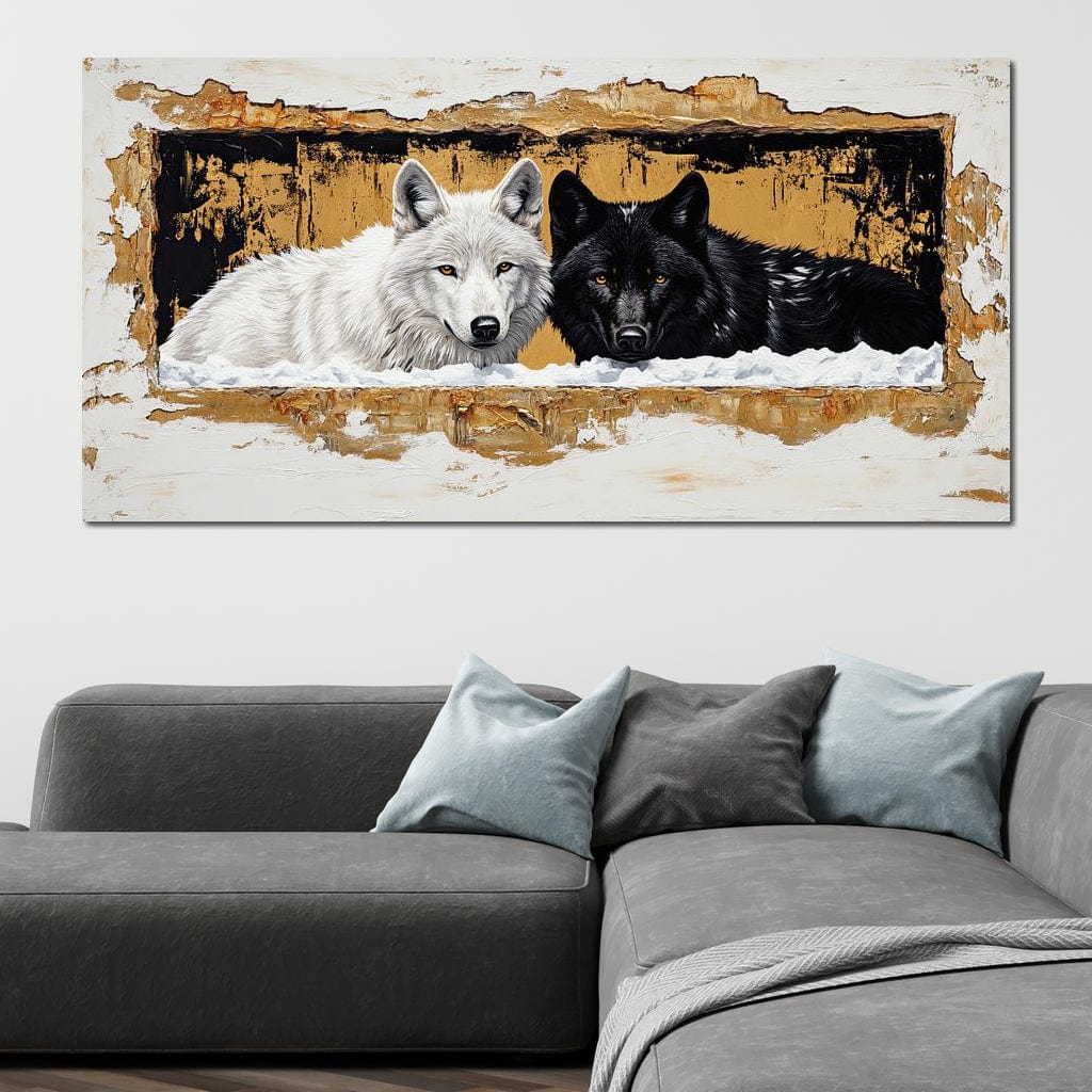 tablou canvas cu un lup alb si unul negru, pe fundal abstract in nuante de negru si auriu