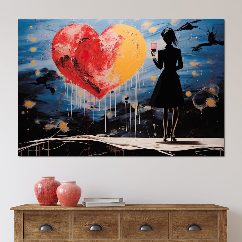 Tablou Canvas Premium, LuxCanva® G1117, Inima si Pahar, Noapte, Iubire, Femeie, Visare, Dor, Dragoste, Indragostita, Vin, Romantism, Living, Dormitor