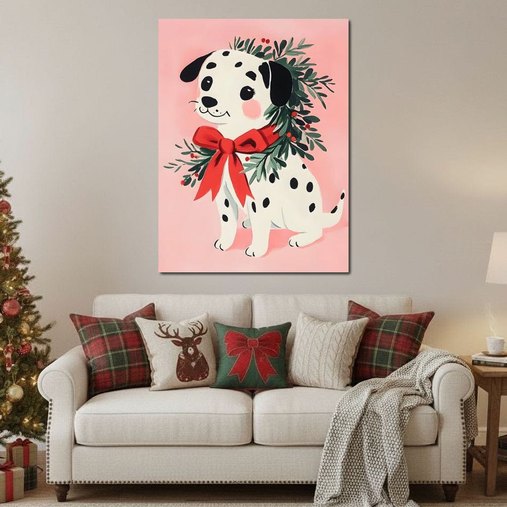 Tablou Canvas Premium, LuxCanva® D1093, Dalmatianul de Craciun, Bucurie, Gingasie, Funda, Rosie, Pui, Catel, Pete, Zambet, Blanos, Coronita, Brad, Canin, Roz, Magie, Camera Copil, Living, Dormitor