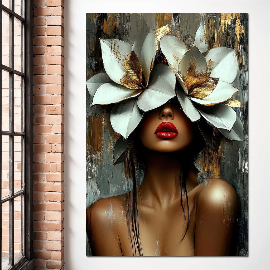 Tablou Canvas Premium, LuxCanva® G1186, Sub Corola Visului, Auriu, Rosu, Feminitate, Gratie, Mister, Floral, Senzualitate, Exotic, Petale, Oniric, Renastere, Vis, Birou, Living, Dormitor