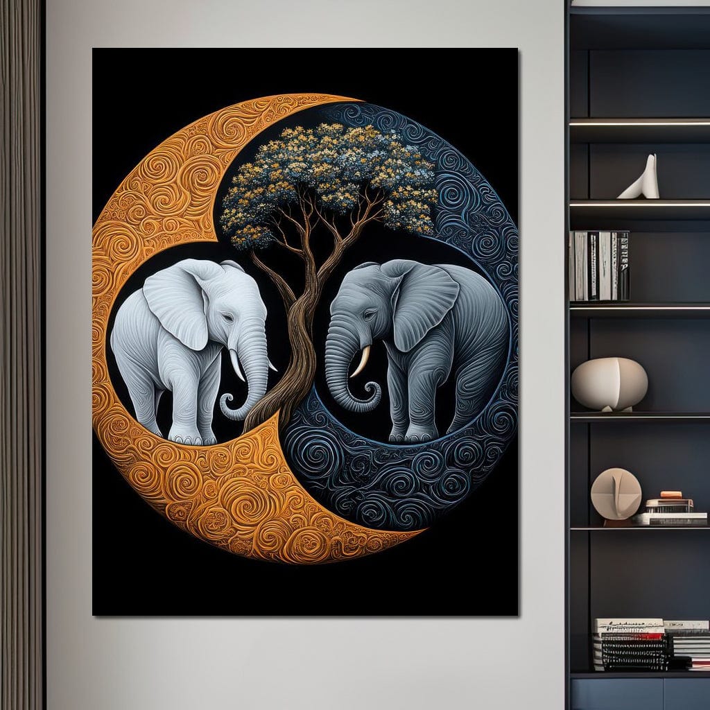 Tablou Canvas Premium, LuxCanva® M1317, Sub Copacul Vietii, Yin si Yang, Elefanti, Echilibru, Zen, Copac, Intelepciune, Conexiune, Meditatie, Natura, Abstract, Birou, Living, Camera Copil