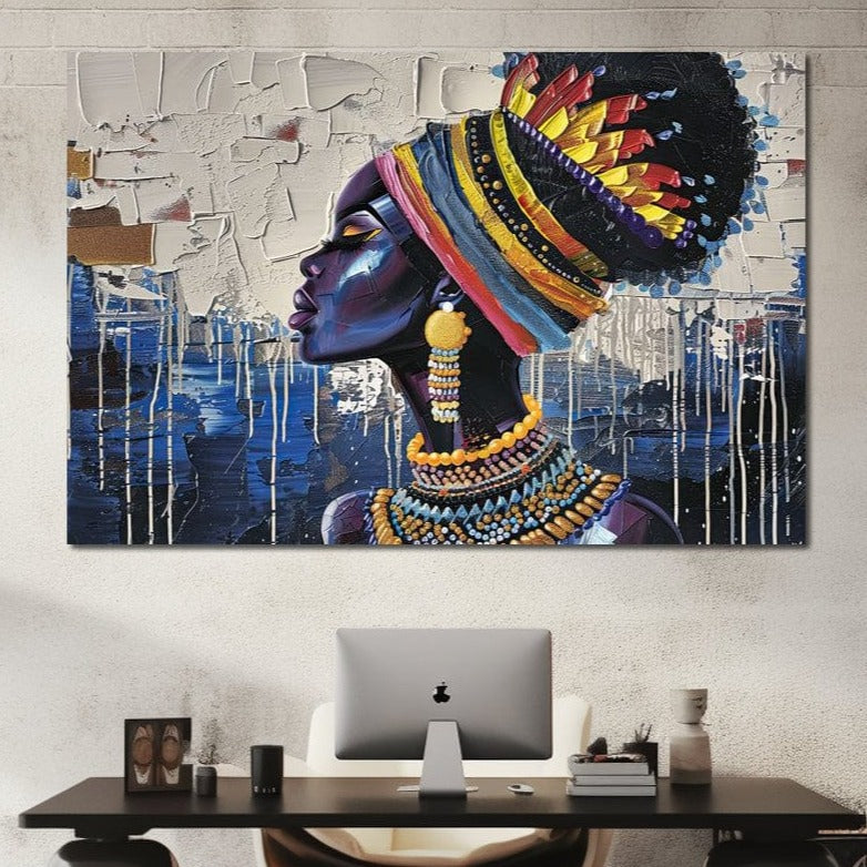 Tablou Canvas Premium, LuxCanva® G1191, Cununa Africii, Regina, Profil, Ancestral, Spirt, Pamant, Cultura, Strabuni, Turban, Colorat, Tribal, Identitate, Margele, Birou, Living, Dormitor