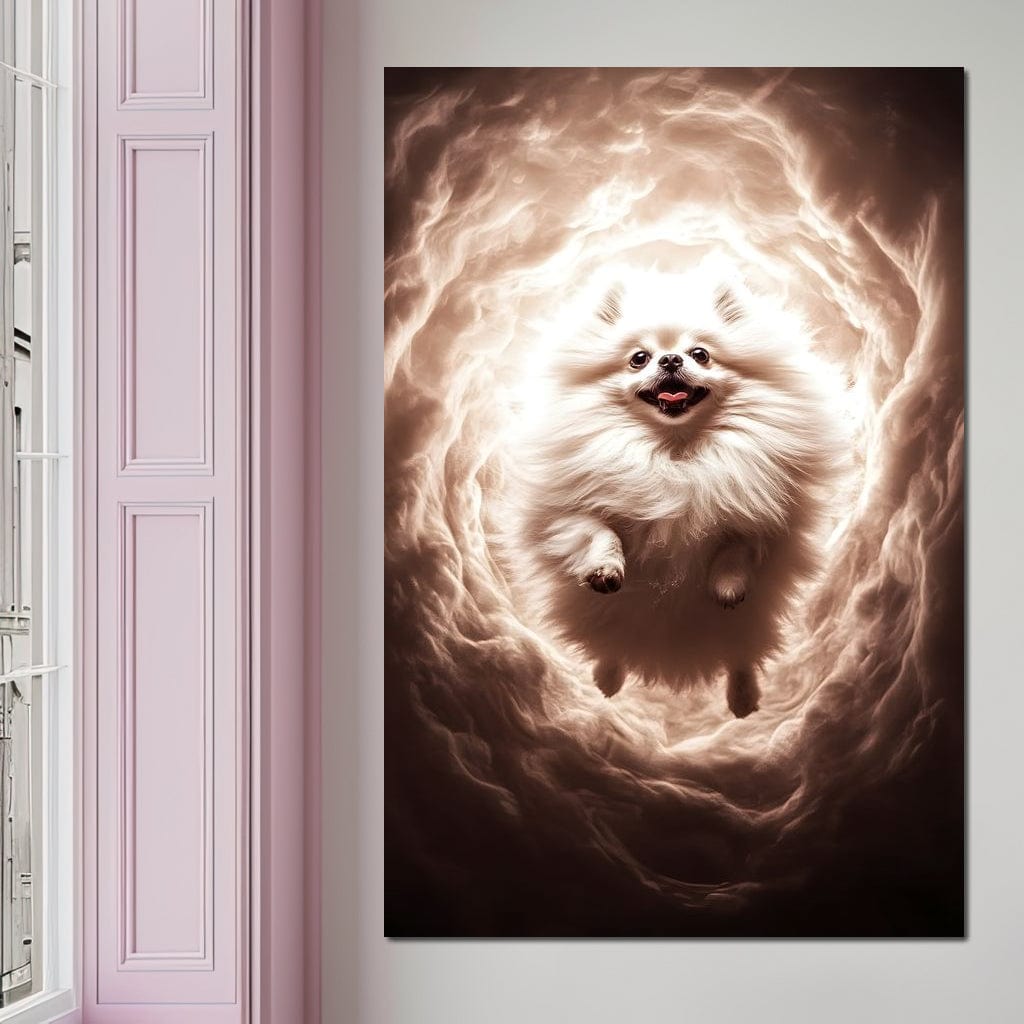 tablou canvas cu un caine pomeranian alb in saritura printr-un vortex eteric de lumina si texturi vaporoase