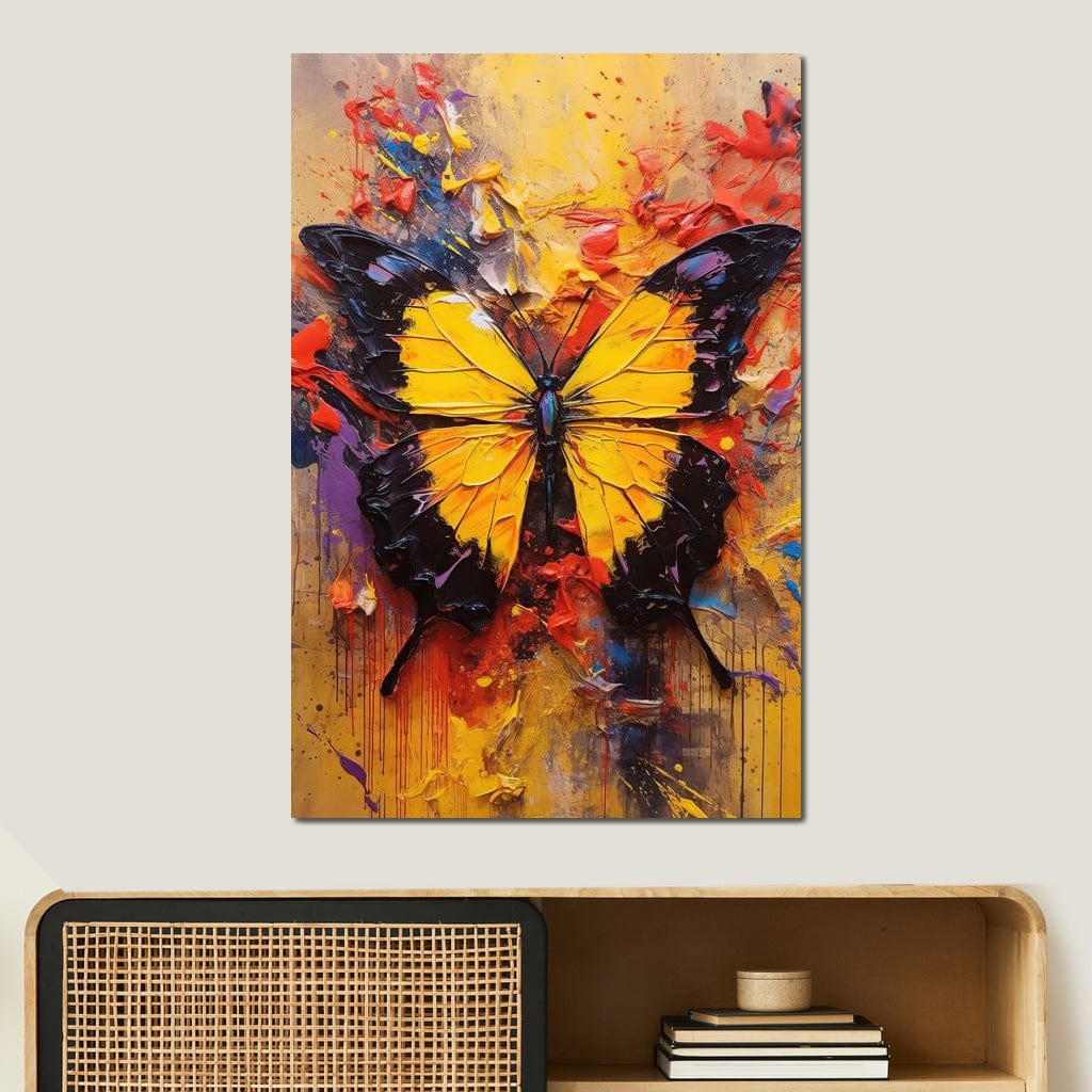 tablou canvas cu un fluture galben intens, pe fundal multicolor stil graffiti