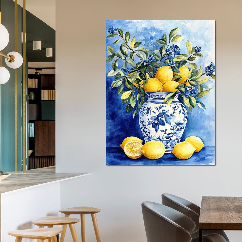 talou canvas cu o vaza albastra cu lamai si zambile, pe fundal pictat in nuante de albastru