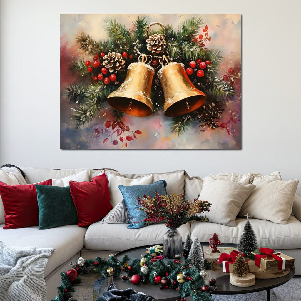 Tablou Canvas Premium, LuxCanva® D1089, Colindul Clopotelor, Aur, Christmas, Stralucire, Ecou, Festiv, Magie, Sunet, Spirit, Zvon, Brad, Simfonie, Pin, Conuri, Iarna, Rosu, Camera Copil, Living, Dormitor