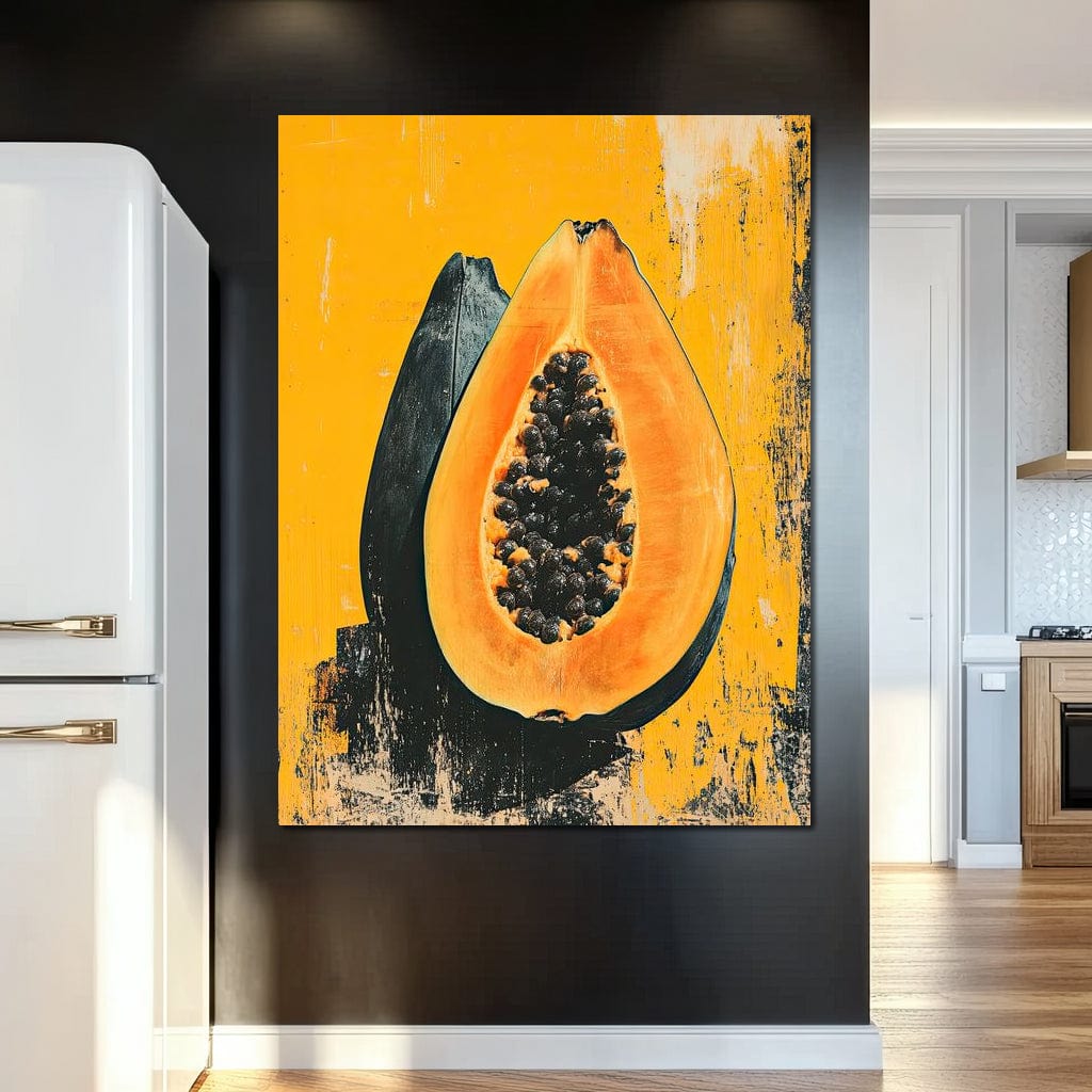 tablou canvas cu un papaya taiat in jumatati si pictat in nuante calde pe fundal galben-portocaliu in stil urban