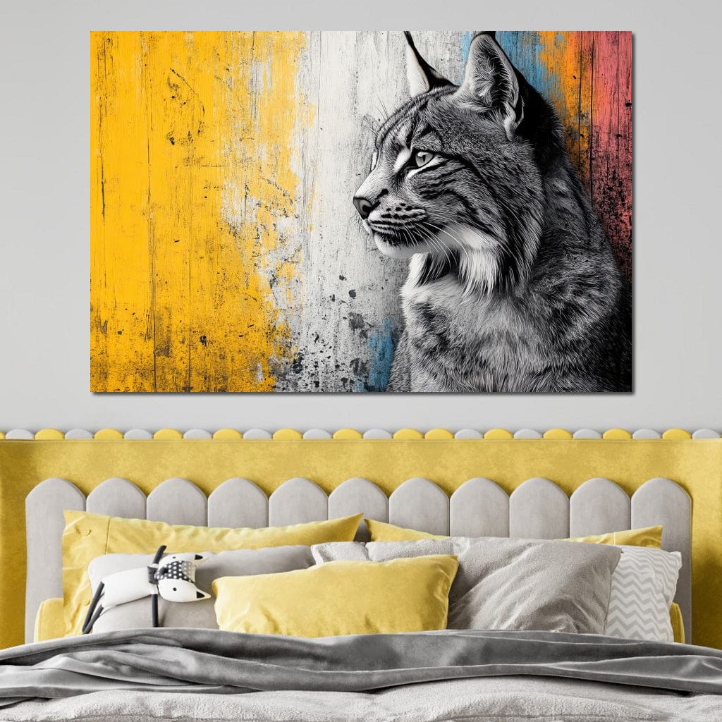 tablou canvas cu o pisica salbatica surprins din profil, in tonuri de gri intens, pe fundal urban din lemn colorat in degrade galben, albastru si rosu