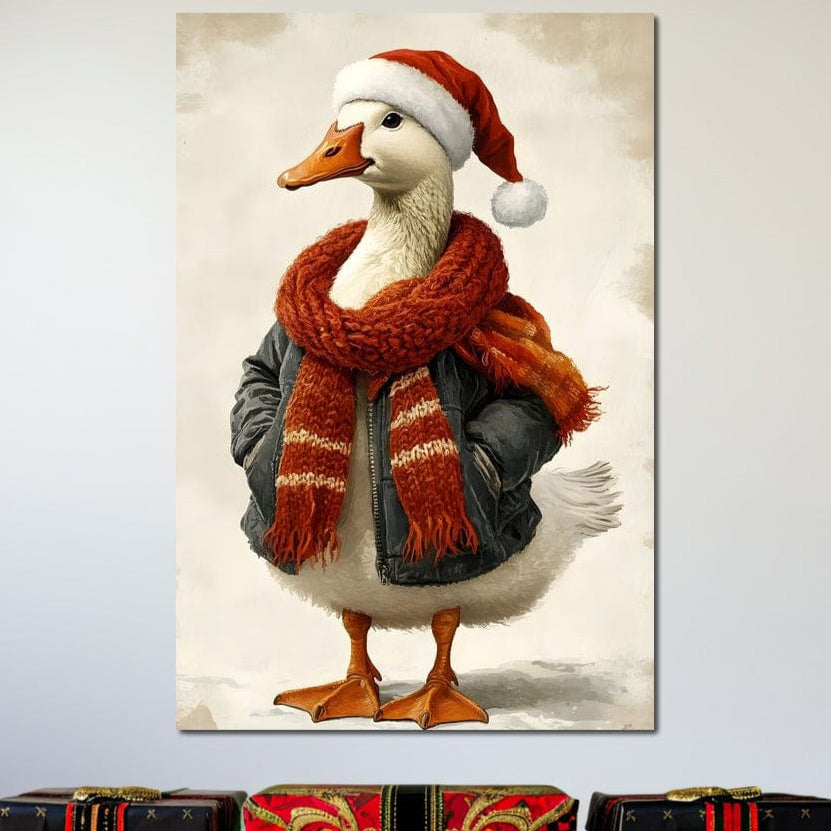 Tablou Canvas Premium, LuxCanva® D1073, Mos Rata,  Craciun, Caciula, Fular, Rosu, Geaca, Haios, Originalitate, Umor, Veselie, Pene, Plimbare, Ograda, Fashion, Copilarie, Camera Copil, Living, Dormitor