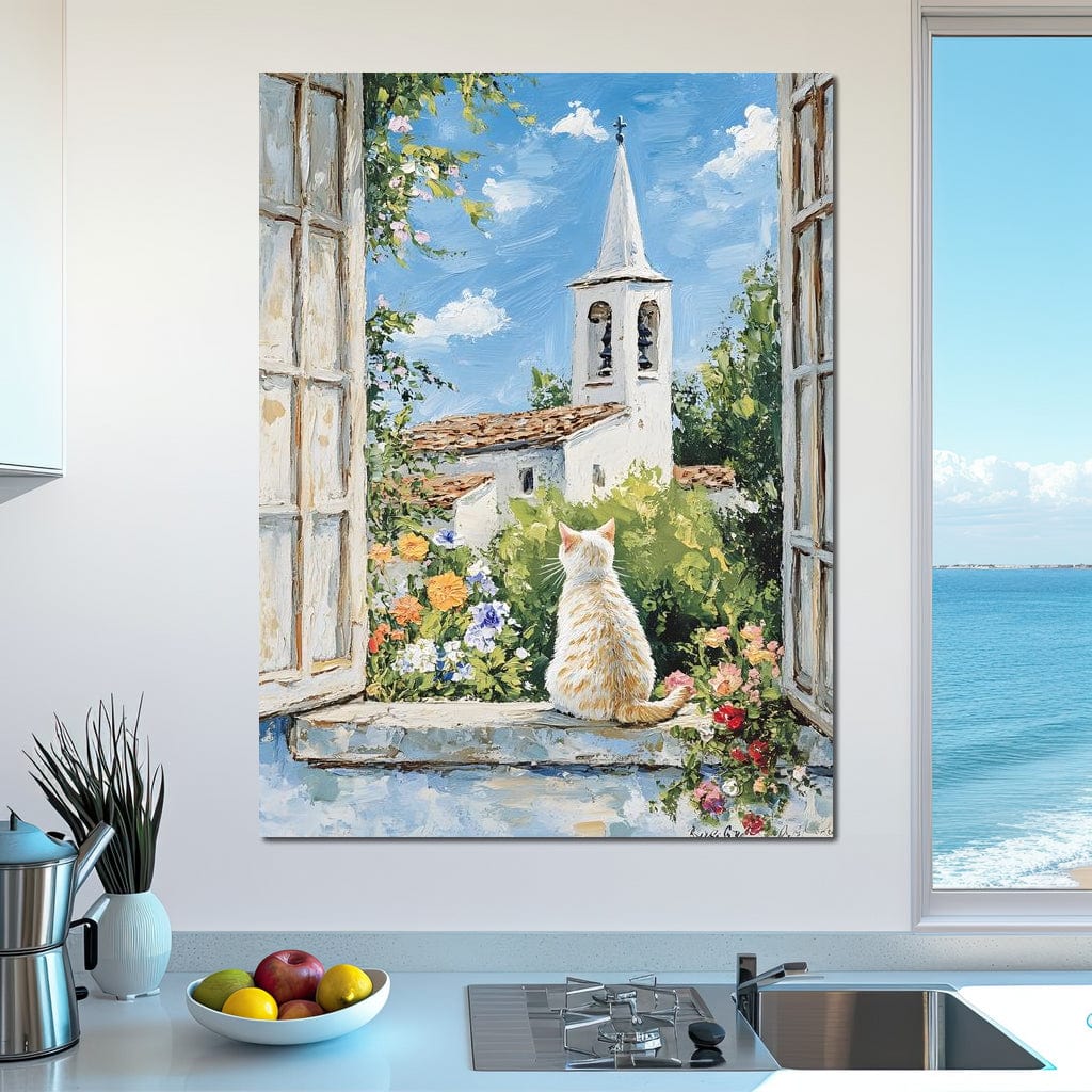 tablou canvas cu o pisica alba la fereastra, privind un turn bisericesc cu clopot, inconjurat de flori si vegetatie intr-un peisaj pictat de primavara