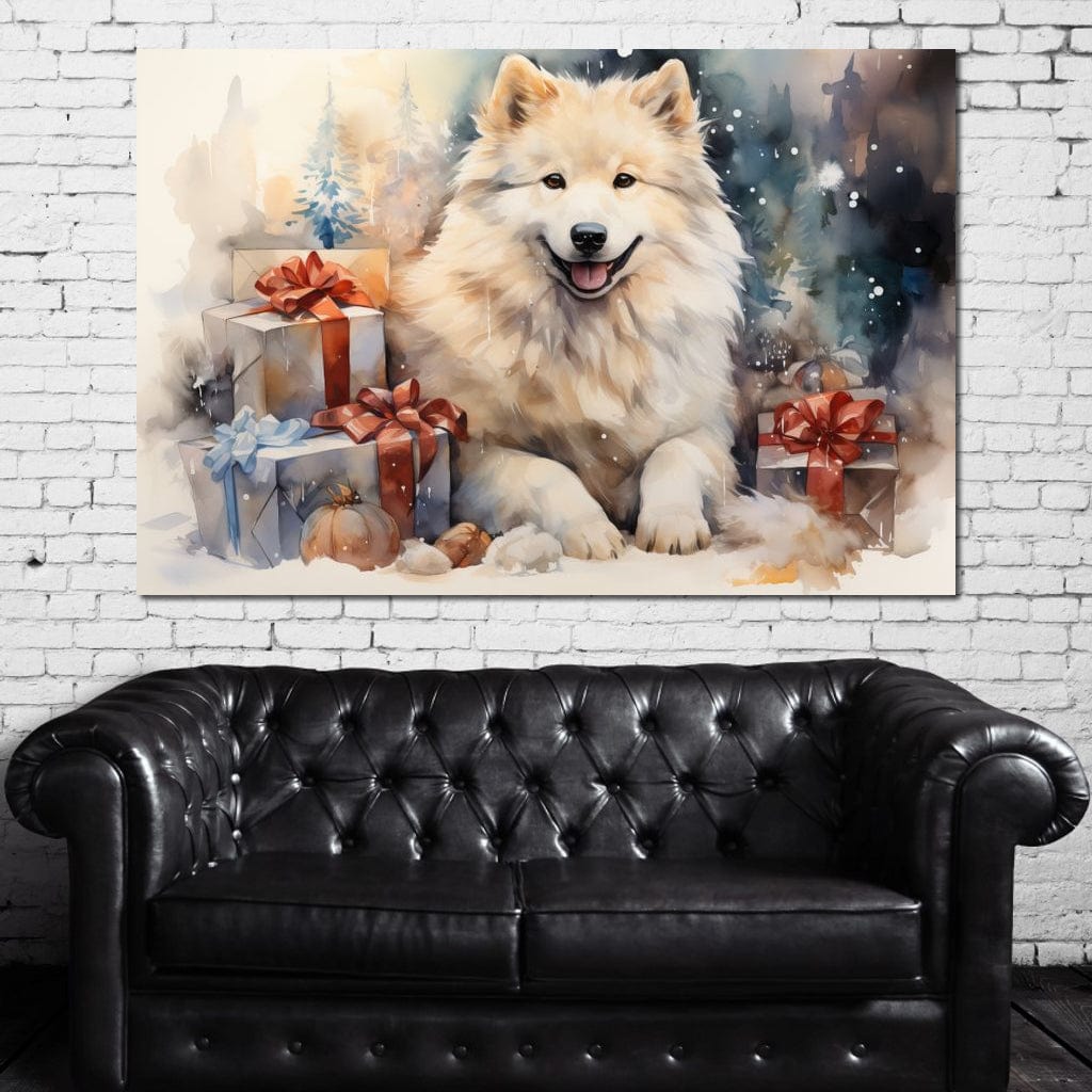 Tablou Canvas Premium LuxCanva® D1034, Un Samoyed in Dar , Caine, Blana, Bej, Cutii, Cadouri, Latrat, Camera Copii, Culori vibrante