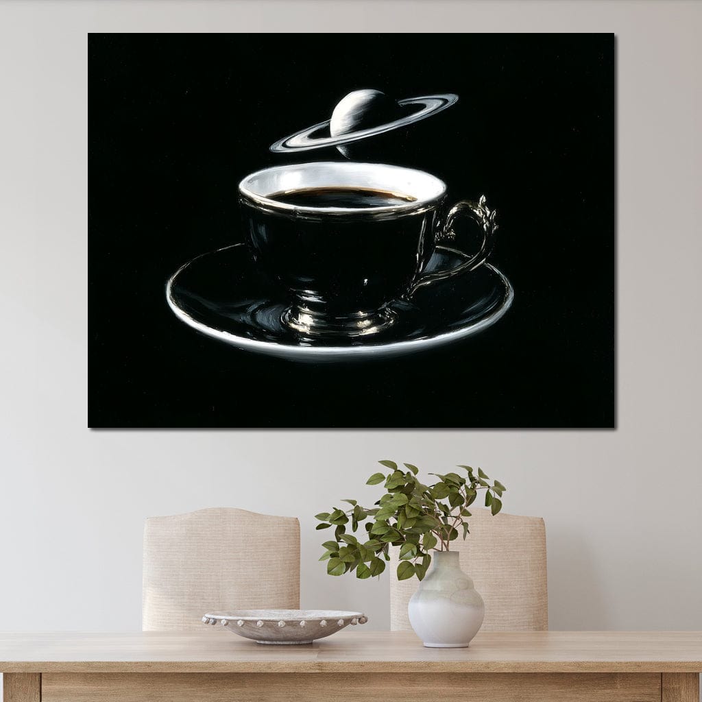 tablou canvas cu o ceasca de cafea neagra in stil vintage, pe fundal negru cu planeta Saturn