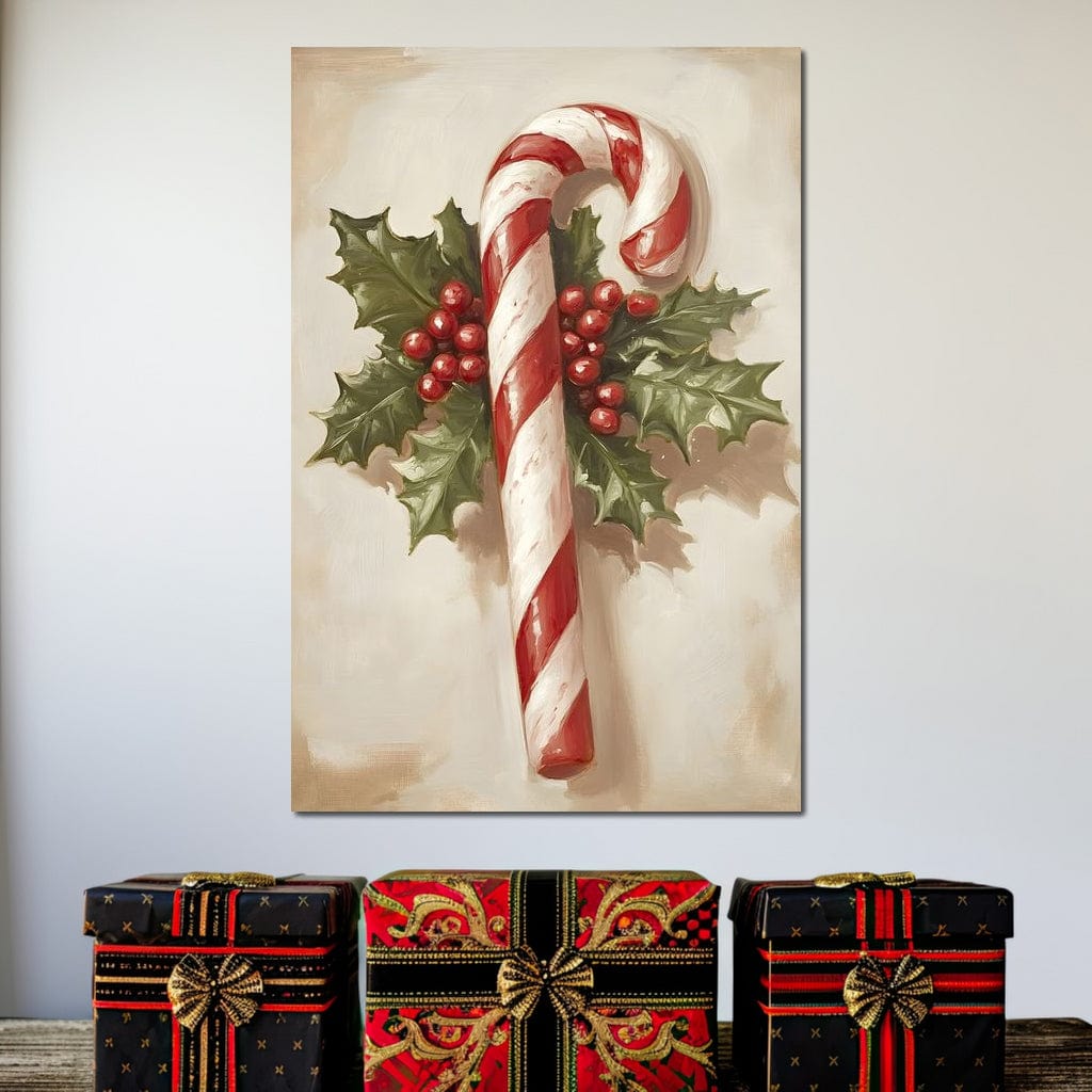 Tablou Canvas Premium, LuxCanva® D1085, Acadea Festiva, Candy, Bomboane, Baston, Dulceata, Rosu, Alb, Zahar, Bobite, Frunze, Iarna, Copilarie, Cadouri, Daruit, Emotie, Camera Copil, Living, Dormitor