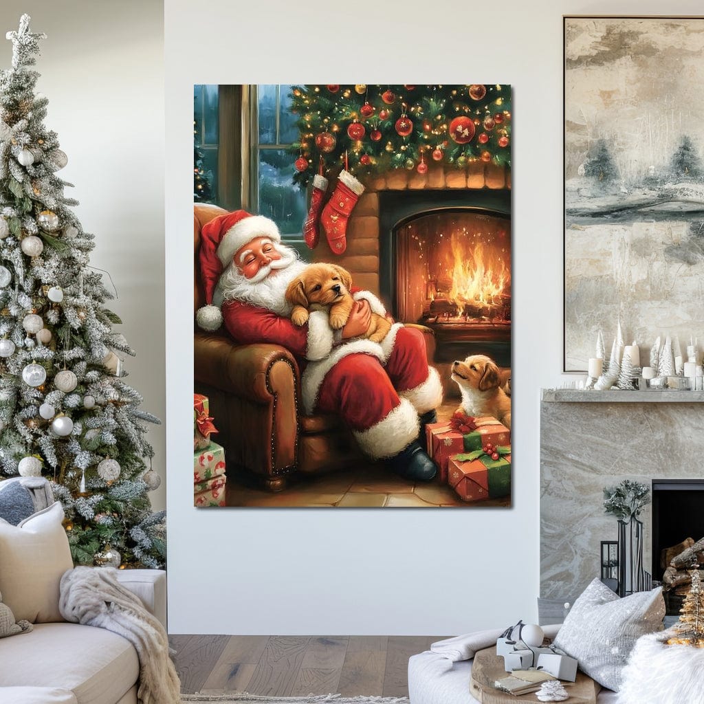 Tablou Canvas Premium, LuxCanva® D1108, Craciunul Perfect, Iarna, Craciun, Catelusi, Blanos, Brad, Mos Craciun, Foc, Semineu, Caldura, Fotoliu, Asteptare, Vis, Bucurie, Living, Dormitor