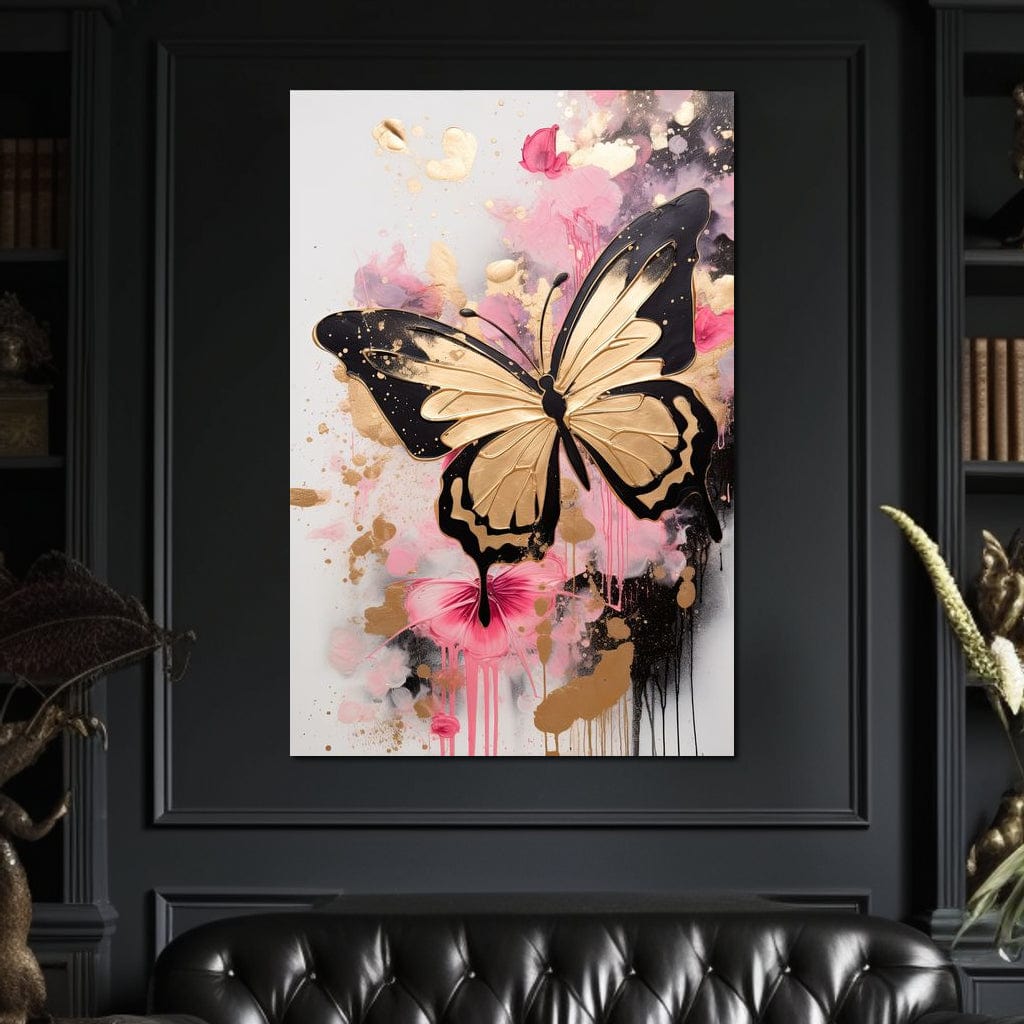 tablou canvas cu un fluture auriu cu contur negru, pe fundal abstract deschis cu pete de culoare roz, negru si auriu