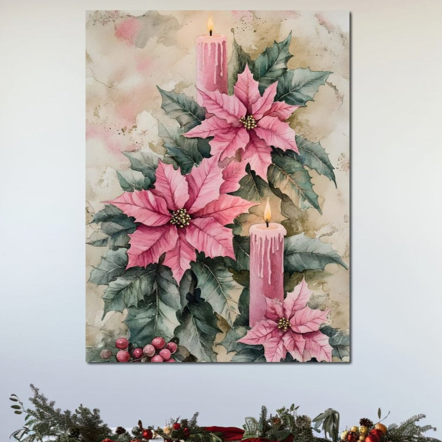 Tablou Canvas Premium, LuxCanva® D1076, Floarea Craciunului Roz, Poinsettia, Lumanari, Aprins, Craciun, Flori, Festiv, Roz, Verde, Magie, Caldura, Petale, Décor, Lumina, Camera Copil, Living, Dormitor